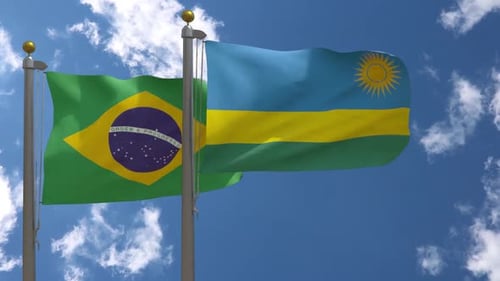 Brazilian and Rwandan Flags Waving in Clear Sky