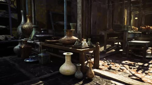 Poterie de style égyptien sur comptoir en bois éclairée par la lumière du soleil