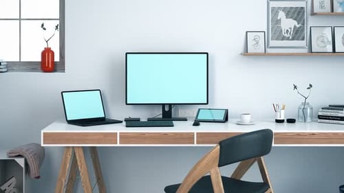 Bright Modern Home Office with Long Desk and Mobile Gadgets