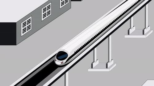 Monorail train travels on elevated track