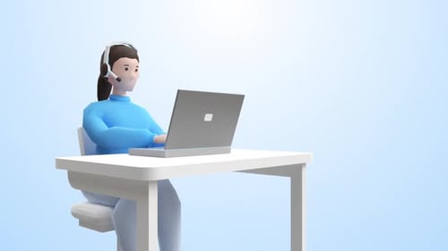 3D Animated Character Working at Desk with Headset and Laptop