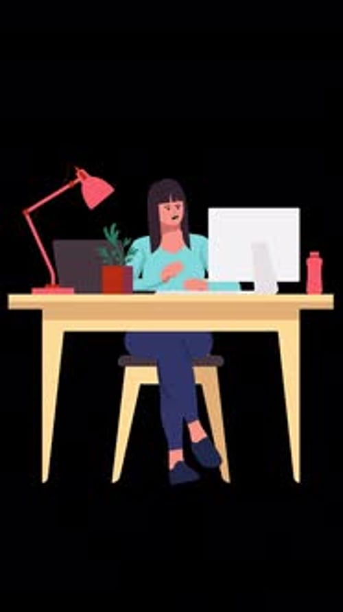 Businesswoman Sitting At Desk Working On Laptop Cartoon Animation On Vertical On Alpha Channel