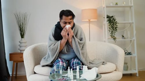 Indian Man with Runny Nose Sits on the Couch at Home Under a Plaid Sneezing in a Napkin