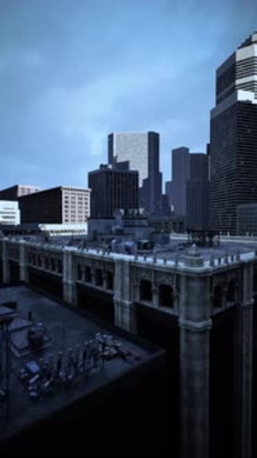 Urban Bridge Structure Reveal with Cityscape Background