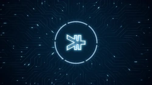 Blue digital money logo and futuristic technotogy circle HUD with circuit board
