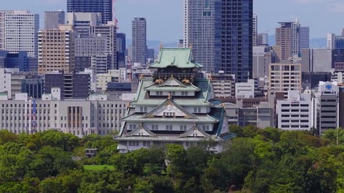 Aerial View of Osaka Castle and Cityscape in Osaka Japan