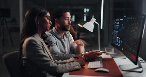 Investment, night and people with computer screen, talking and teamwork with portfolio management