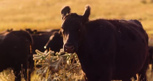 Majestic black cow in a glistening golden valley.