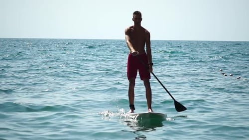 Man Sup Sea Strong Athletic Man Learns to Paddle Sup Standing on Board in Open Sea Ocean on Sunny