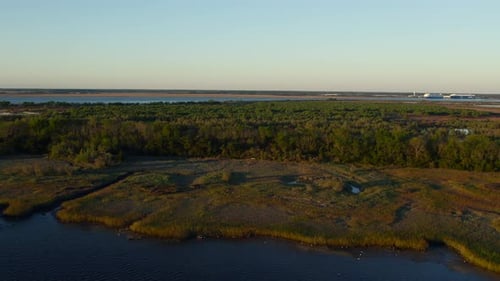 Aerial view of marshland and water, United States.
