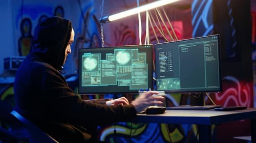 Hacker Typing Code at Computer Monitors at Night