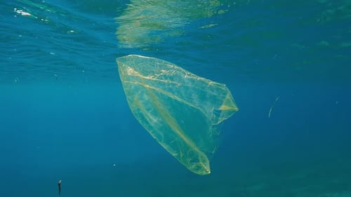 Vieja bolsa de plástico amarilla que flota bajo el agua reflejada en la superficie a la luz del sol