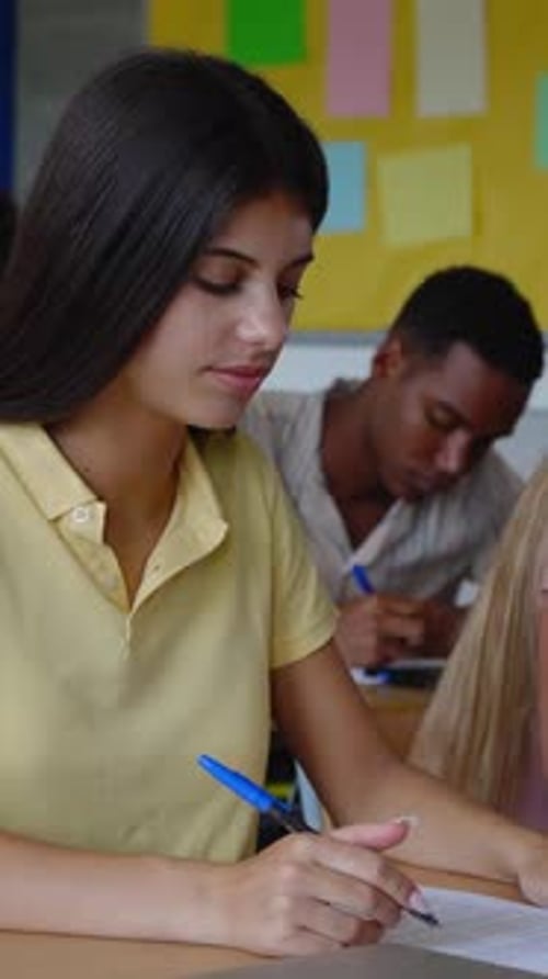 Diverse Young Students Studying at High School Classroom