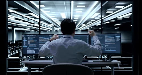 Rückansicht eines männlichen Programmierers, der das erfolgreiche Schreiben von Code auf Desktops im Serverraum feiert