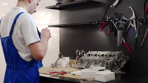 Professional Mechanic Selects Engine Parts for Assembly Installs Pistons Rings in Workshop Expert