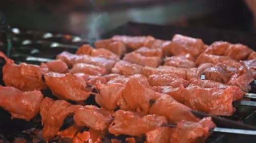 Marinated kebab is cooked on grill on charcoal.
