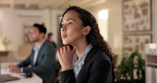 Thinking, office and business woman at night working on project, brainstorming ideas and proposal