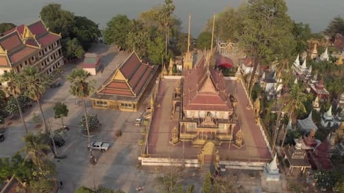 Golden Temple of Phnom Penh and pagoda buildings in the surrounding area view to Mekong River - Aeri