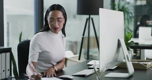 Computer, taking notes and business woman in office workplace for research