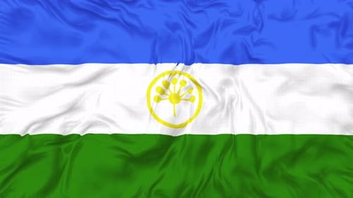 Waving Flag with Blue White Green Stripes and Yellow Emblem