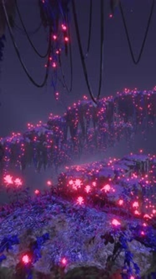 Vídeo vertical: vuelo a través de islas flotantes con flores brillantes, bucle sin fisuras, animación 3D