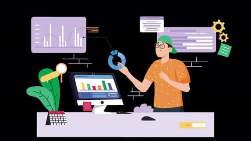 Jeune analysant des données à un bureau avec des graphiques et des tableaux.