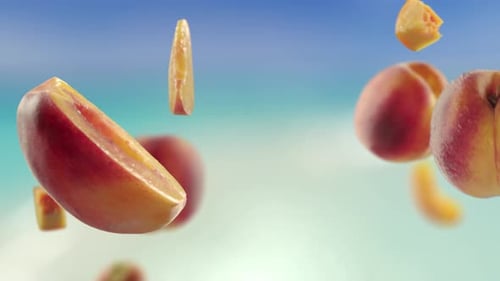 Flying Peach and Peaches Slices in Beach Tropical Summer Background