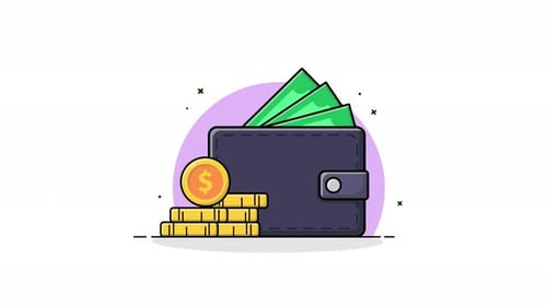 Animated Flat Design Wallet with Money and Stacking Coins