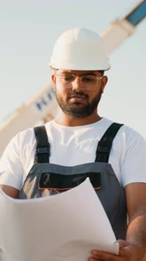 Indian Builder Reviewing Blueprints at Construction Site