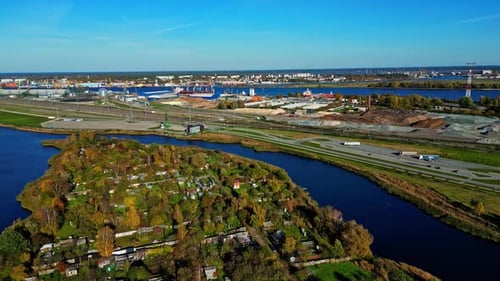 Aerial views over industrial zones.