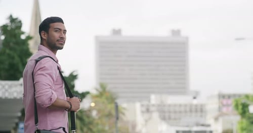 Commuting, employee and man with coffee, city or travel to work in morning, outdoor or journey