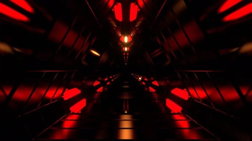 Roter und orangefarbener Fantasy-Wissenschaftskorridor mit blinkenden Lichtern im Hintergrund Vj Loop I 4K
