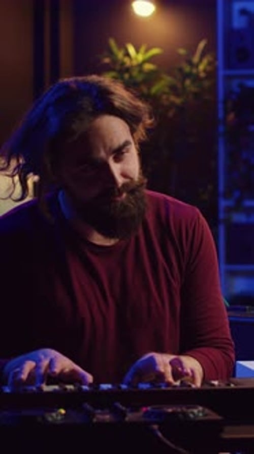 Man Plays Keyboard at Home at Night