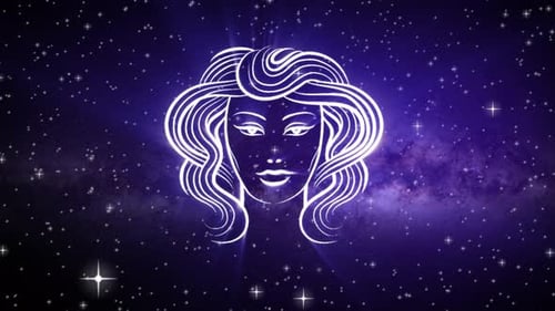 Astrological star sign for Virgo, with a shimmering symbol on a deep space background with stars in