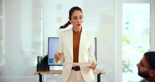 Woman, presentation and team in office for feedback, group training and financial report