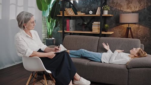 Woman Lies on Sofa Talking to Greyhaired Psychologist