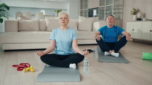 Senior Couple Meditating Indoors in a Living Room