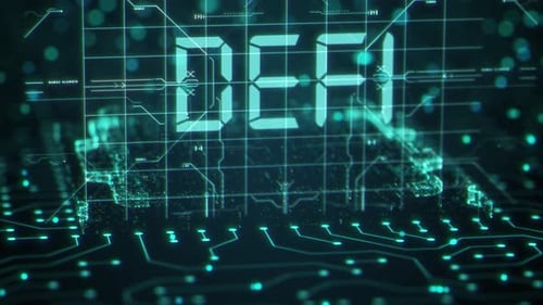 Finance décentralisée DeFi sur carte mère abstraite bleu foncé Concept de fond de la blockchain