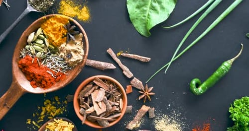 Spices, herbs and seeds for cooking, seasoning and table for curry, wooden spoons and advertising