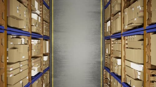 Salle de stockage avec étagères remplies de conteneurs et de marchandises
