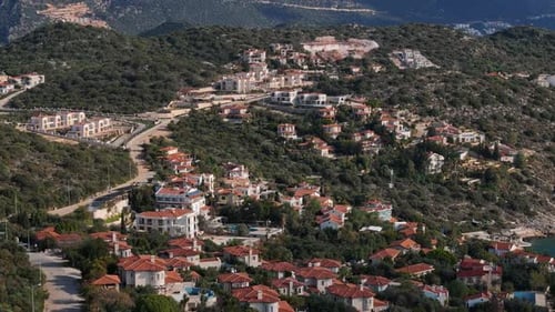 Aerial View of a Residential Area on a Green Hillside Kas Turkey
