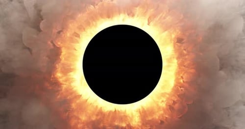 Dynamic fire and smoke blast animation centered around a black circle for logos