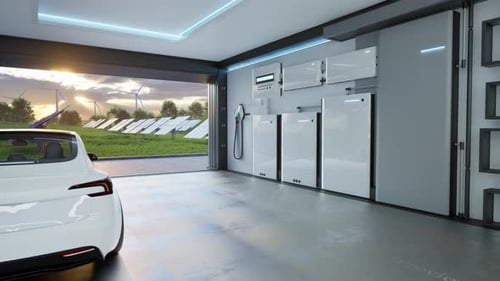 Elektroauto mit Energiespeichersystem mit Solarkraftwerk und Windkraftanlage