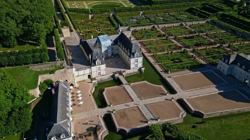 Château de Villandry, castle and gardens, France. Aerial forward