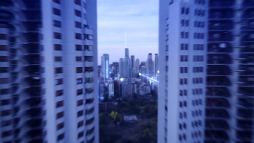 Aerial flight between skyscraper and digital lines connecting city skyline of Buenos Aires - Futuris