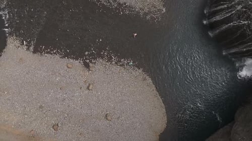 Aerial view of people jumping at Stjornarfoss waterfall, Iceland