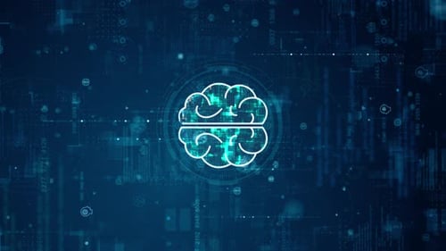 Blue digital brain logo and futuristic circle HUD big data processed with grid line and icon