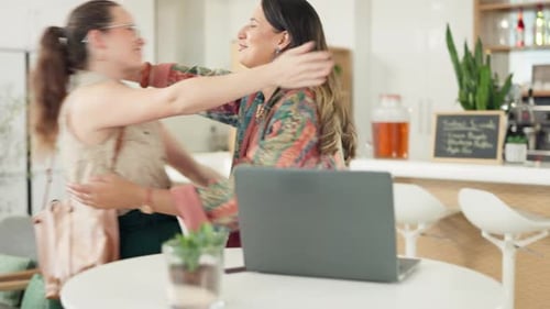 Friends hug, reunion at coffee shop and happy to be together, love and care