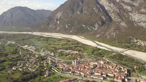 Aerial View of a Small Historic Town Venzone in Northern Italy with Red Tiled Roofs of Old Buildings