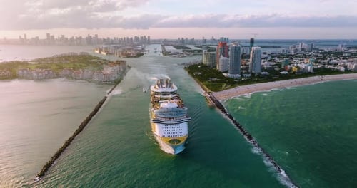 Cruise Ship Leaving Miami Harbor Main Channel Near South Beach Luxurious Hotels and Apartment